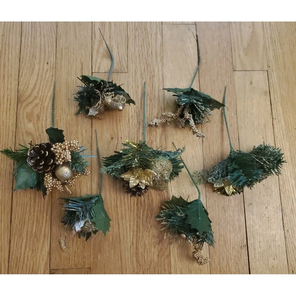 Artificial Pine Stem Fake Pine Cone Glitter Fruit Apple Gold Details Floral Pick
